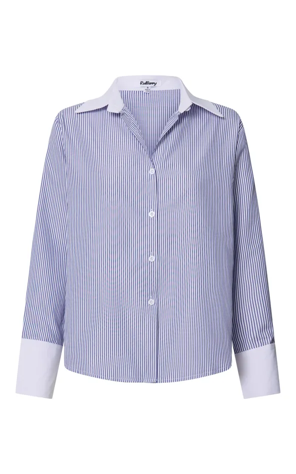 Showpo Trixie Shirt 8211 Striped White Cuff and Collar Detail Button Up Shirt In Blue Stripe Women Tops