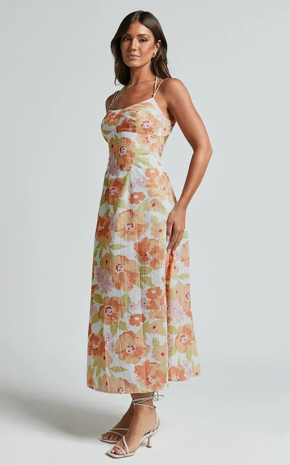 Showpo Tyla Midi Dress 8211 Double Strap Cut Out Dress In Orange Floral Women Dresses