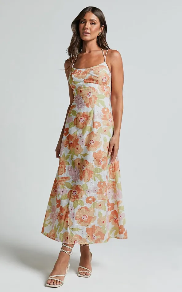 Showpo Tyla Midi Dress 8211 Double Strap Cut Out Dress In Orange Floral Women Dresses