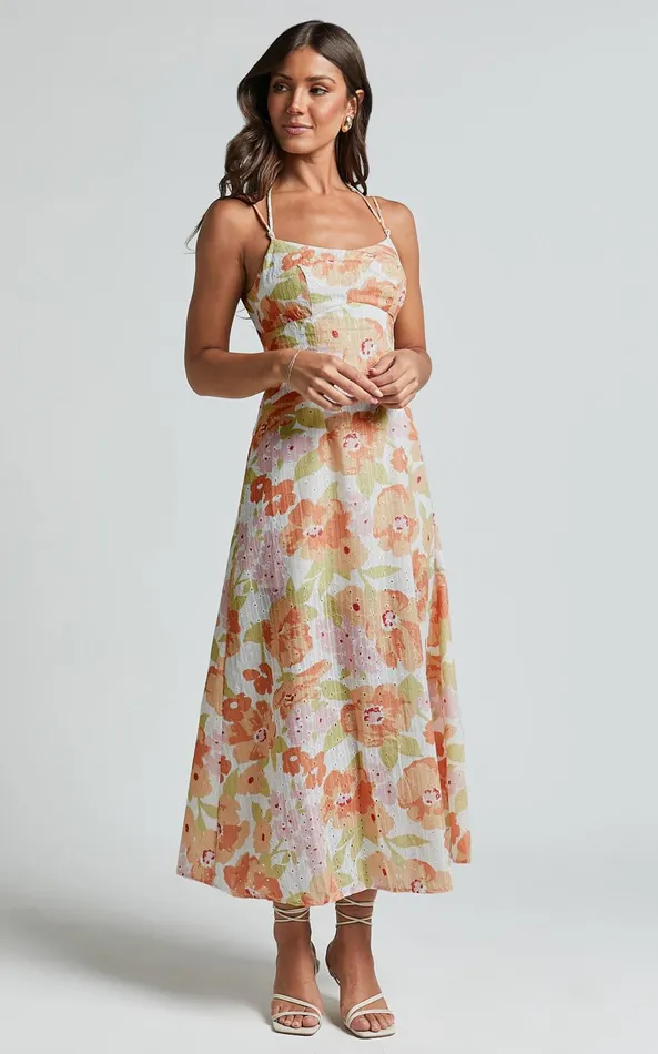 Showpo Tyla Midi Dress 8211 Double Strap Cut Out Dress In Orange Floral Women Dresses