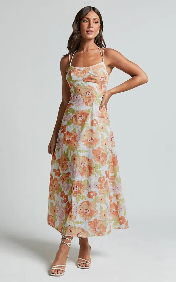Showpo Tyla Midi Dress 8211 Double Strap Cut Out Dress In Orange Floral Women Dresses