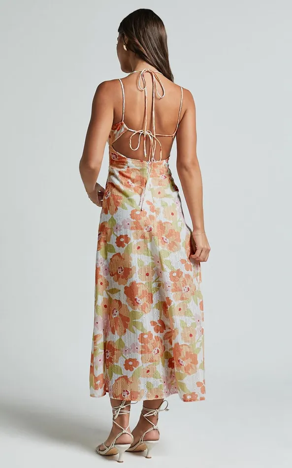 Showpo Tyla Midi Dress 8211 Double Strap Cut Out Dress In Orange Floral Women Dresses