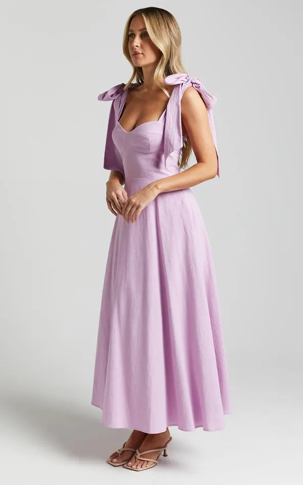 Showpo Tymia Midi Dress 8211 Shoulder Tie Bustier Shirred Back A Line In Lavender Women Dresses