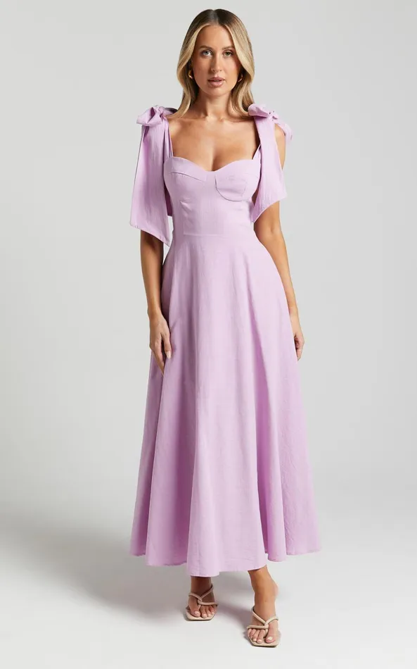 Showpo Tymia Midi Dress 8211 Shoulder Tie Bustier Shirred Back A Line In Lavender Women Dresses