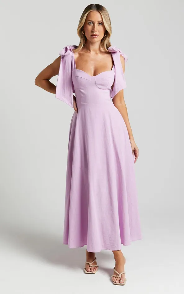 Showpo Tymia Midi Dress 8211 Shoulder Tie Bustier Shirred Back A Line In Lavender Women Dresses