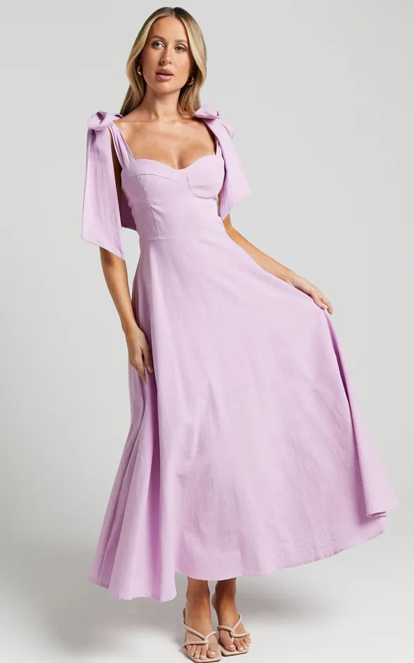 Showpo Tymia Midi Dress 8211 Shoulder Tie Bustier Shirred Back A Line In Lavender Women Dresses