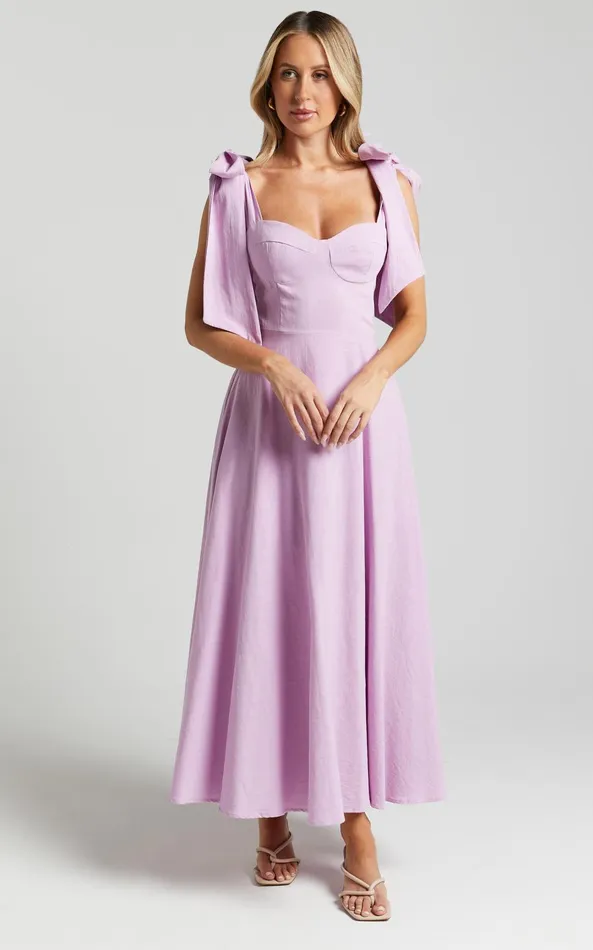 Showpo Tymia Midi Dress 8211 Shoulder Tie Bustier Shirred Back A Line In Lavender Women Dresses