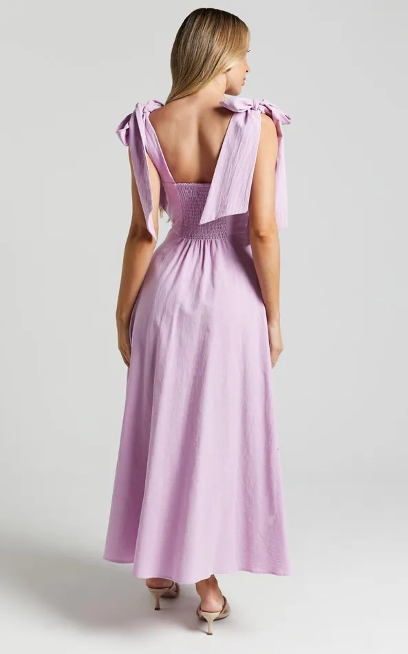 Showpo Tymia Midi Dress 8211 Shoulder Tie Bustier Shirred Back A Line In Lavender Women Dresses
