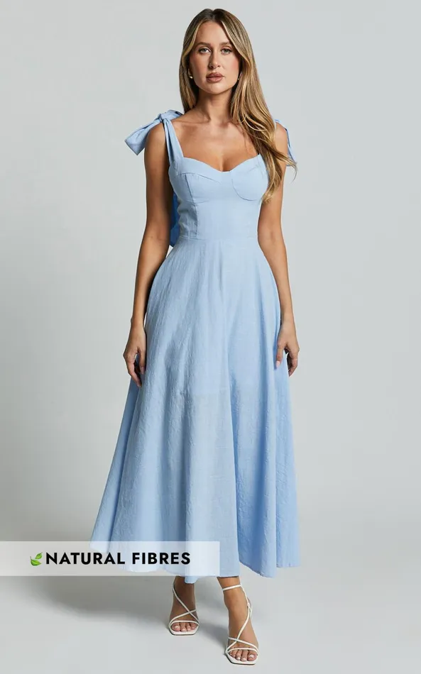 Showpo Tymia Midi Dress 8211 Shoulder Tie Bustier Shirred Back A Line In Pastel Blue Women Dresses Showpo Tymia Midi Dress 8211 Shoulder Tie Bustier Shirred Back A Line In Pastel Blue Women Dresses