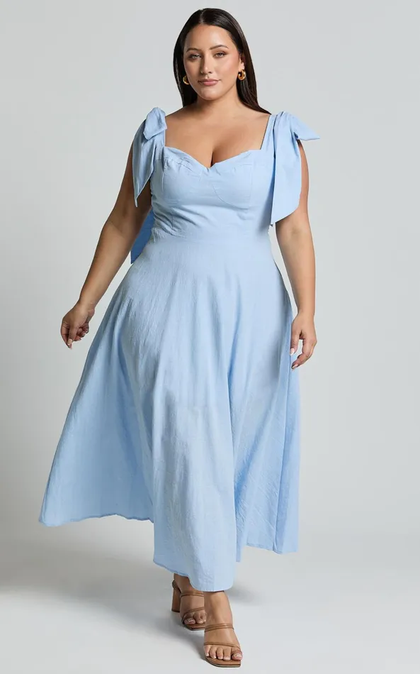 Showpo Tymia Midi Dress 8211 Shoulder Tie Bustier Shirred Back A Line In Pastel Blue Women Dresses