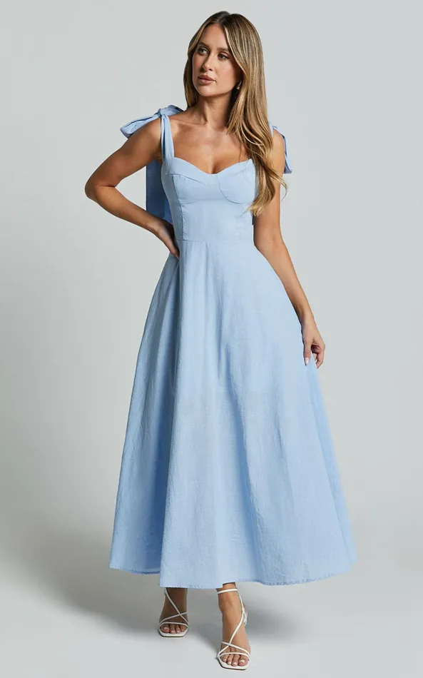 Showpo Tymia Midi Dress 8211 Shoulder Tie Bustier Shirred Back A Line In Pastel Blue Women Dresses