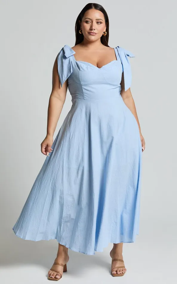 Showpo Tymia Midi Dress 8211 Shoulder Tie Bustier Shirred Back A Line In Pastel Blue Women Dresses