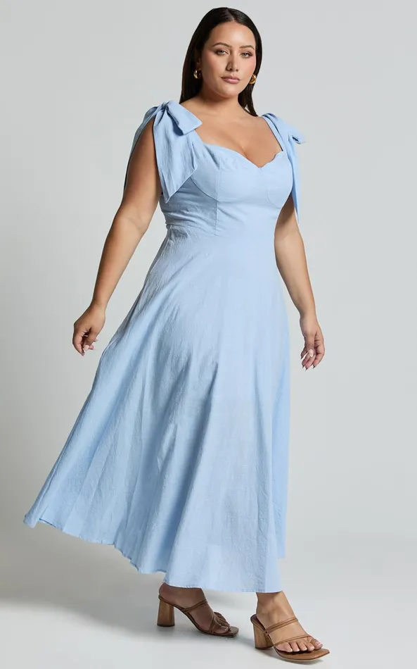 Showpo Tymia Midi Dress 8211 Shoulder Tie Bustier Shirred Back A Line In Pastel Blue Women Dresses
