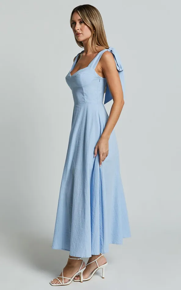 Showpo Tymia Midi Dress 8211 Shoulder Tie Bustier Shirred Back A Line In Pastel Blue Women Dresses