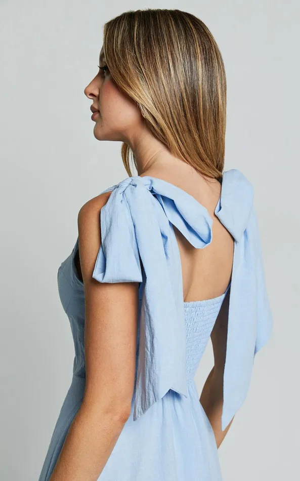 Showpo Tymia Midi Dress 8211 Shoulder Tie Bustier Shirred Back A Line In Pastel Blue Women Dresses