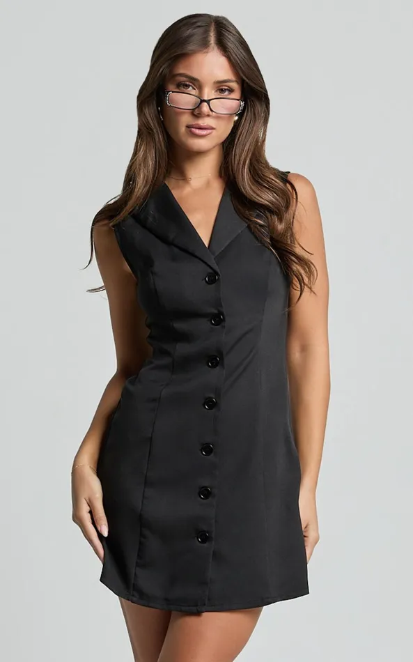 Showpo Tymia Mini Dress 8211 Button Through Collar V Neck Dress In Black Women Dresses