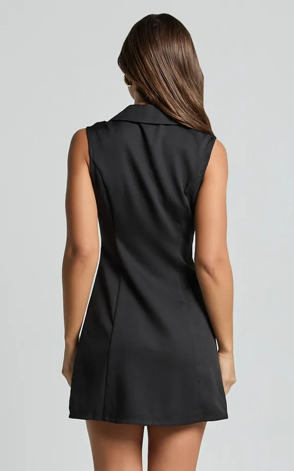 Showpo Tymia Mini Dress 8211 Button Through Collar V Neck Dress In Black Women Dresses