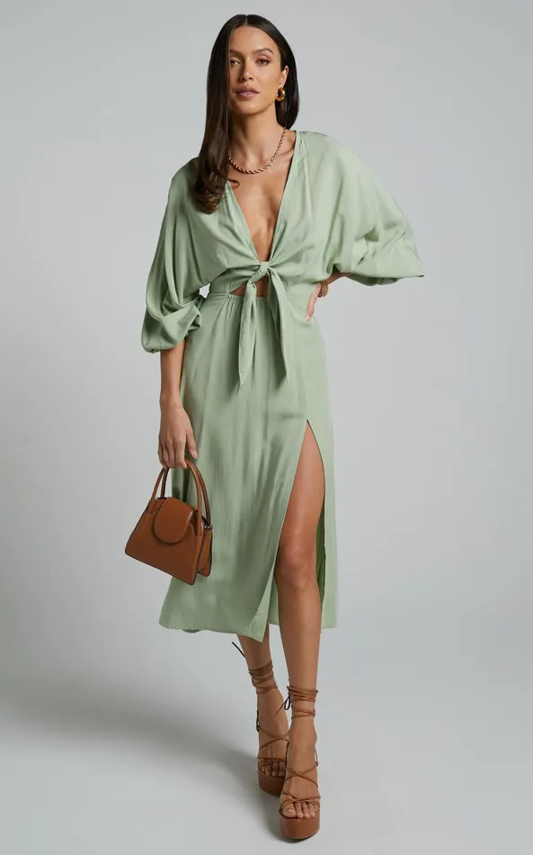 Showpo Tyricia Midi Dress 8211 Long Sleeve Tie Front Cut Out Dress In Sage Women Curve Clothes Showpo Tyricia Midi Dress 8211 Long Sleeve Tie Front Cut Out Dress In Sage Women Curve Clothes