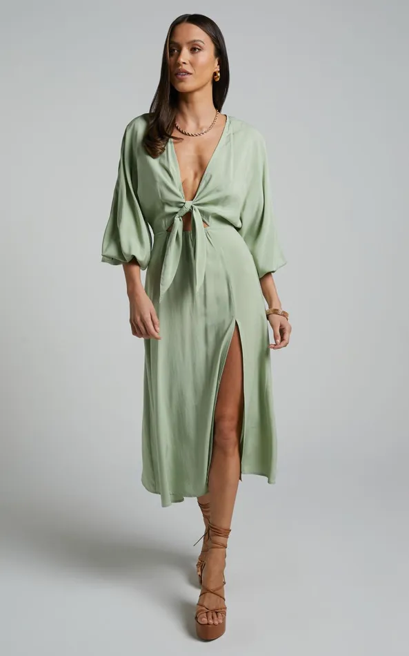 Showpo Tyricia Midi Dress 8211 Long Sleeve Tie Front Cut Out Dress In Sage Women Curve Clothes