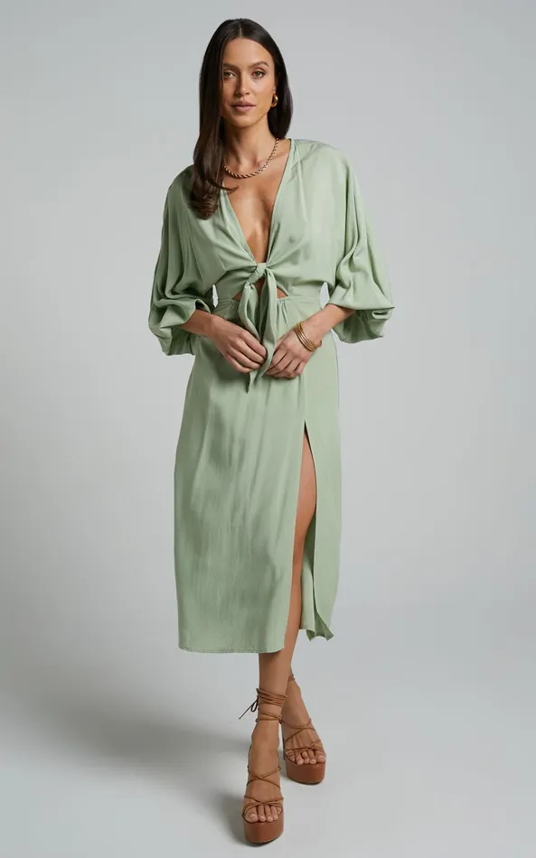 Showpo Tyricia Midi Dress 8211 Long Sleeve Tie Front Cut Out Dress In Sage Women Curve Clothes