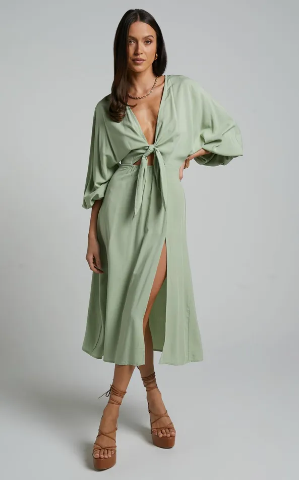 Showpo Tyricia Midi Dress 8211 Long Sleeve Tie Front Cut Out Dress In Sage Women Curve Clothes