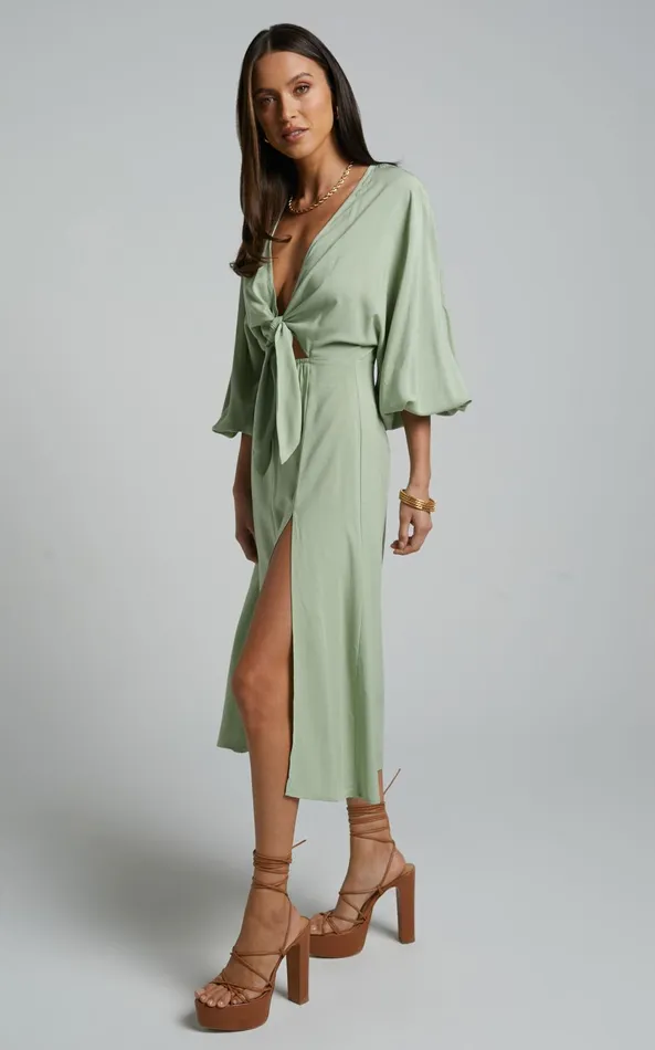 Showpo Tyricia Midi Dress 8211 Long Sleeve Tie Front Cut Out Dress In Sage Women Curve Clothes