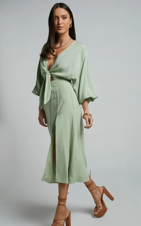 Showpo Tyricia Midi Dress 8211 Long Sleeve Tie Front Cut Out Dress In Sage Women Curve Clothes