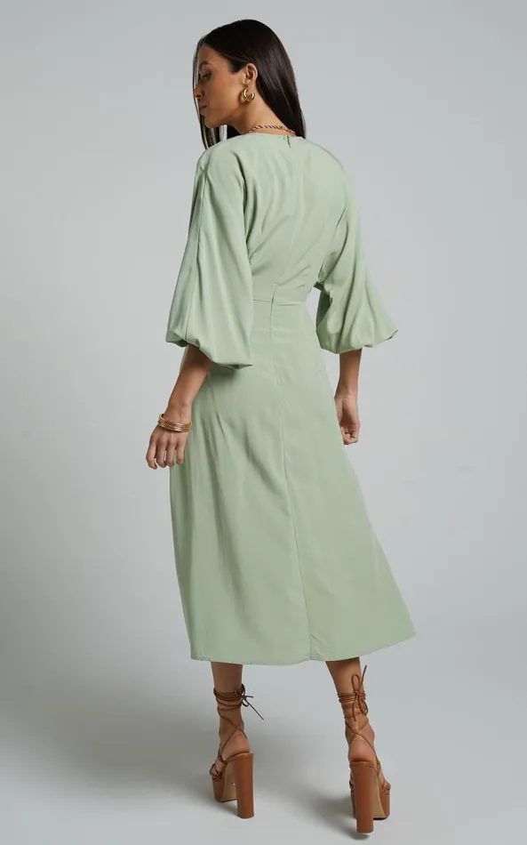 Showpo Tyricia Midi Dress 8211 Long Sleeve Tie Front Cut Out Dress In Sage Women Curve Clothes