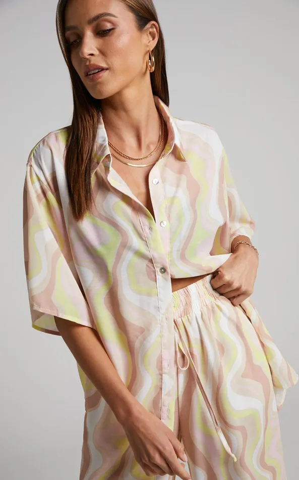 Showpo Vaira Shirt 8211 Oversized Short Sleeve Shirt In Green Wave Women Tops