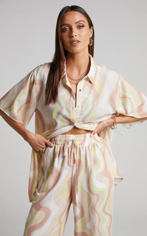 Showpo Vaira Shirt 8211 Oversized Short Sleeve Shirt In Green Wave Women Tops