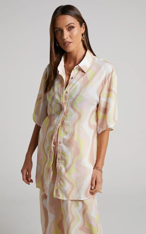 Showpo Vaira Shirt 8211 Oversized Short Sleeve Shirt In Green Wave Women Tops