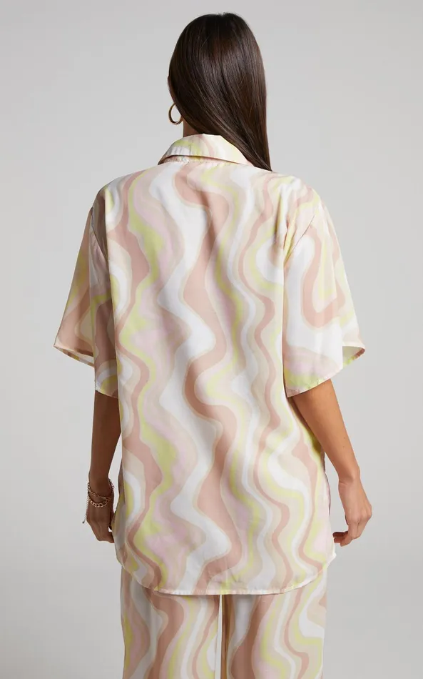 Showpo Vaira Shirt 8211 Oversized Short Sleeve Shirt In Green Wave Women Tops