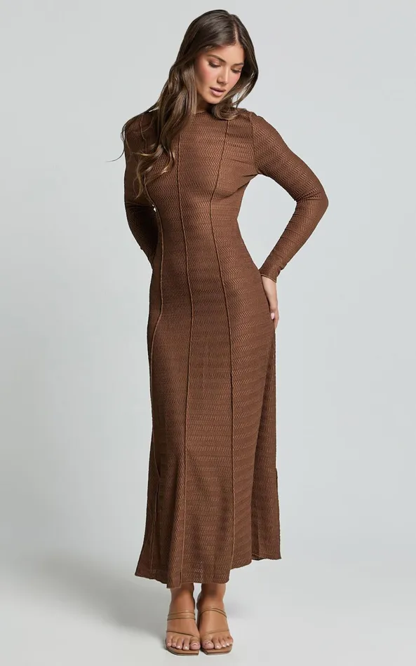 Showpo Valencia Maxi Dress 8211 Long Sleeve A Line Dress In Chocolate Women Dresses