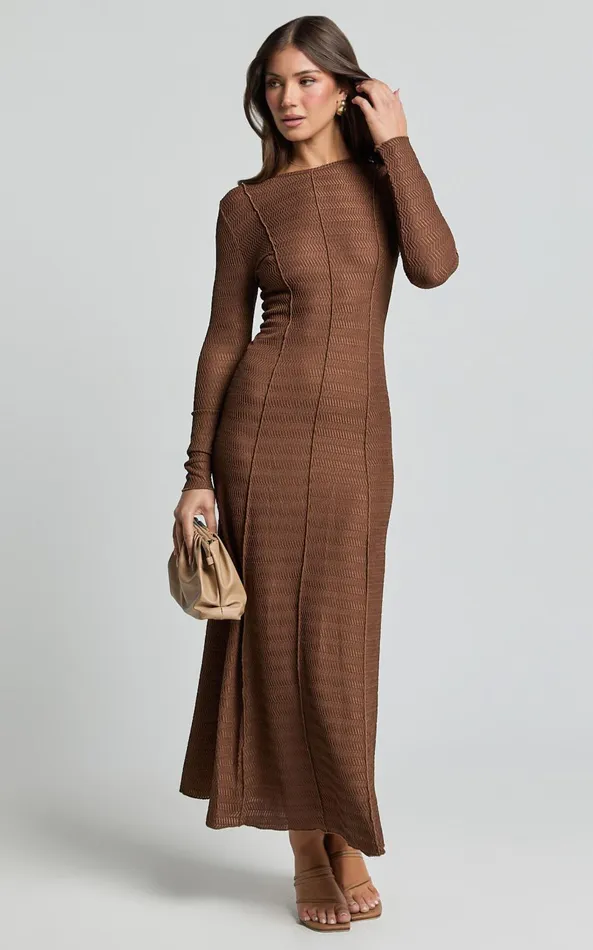 Showpo Valencia Maxi Dress 8211 Long Sleeve A Line Dress In Chocolate Women Dresses