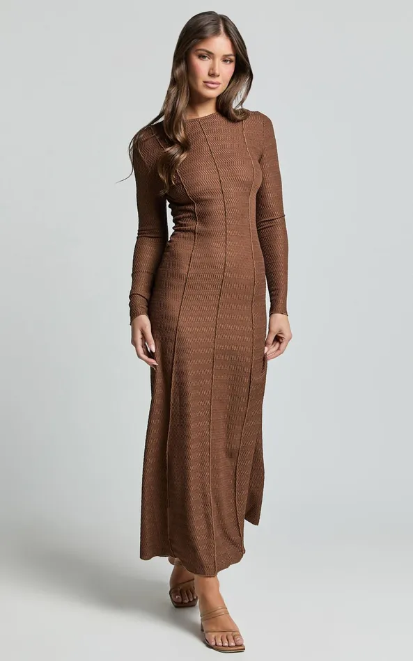 Showpo Valencia Maxi Dress 8211 Long Sleeve A Line Dress In Chocolate Women Dresses