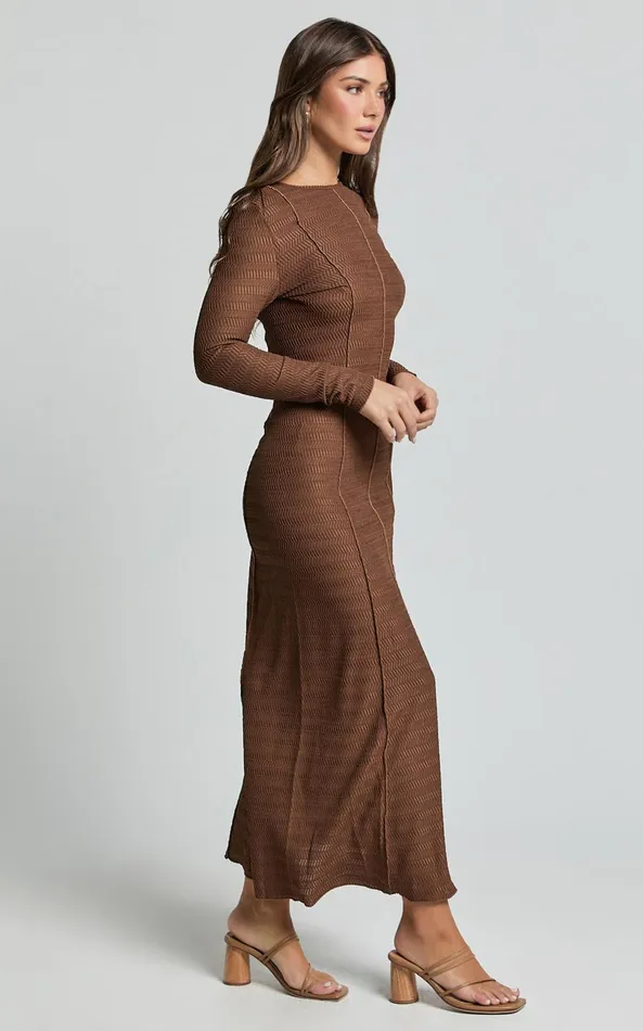 Showpo Valencia Maxi Dress 8211 Long Sleeve A Line Dress In Chocolate Women Dresses