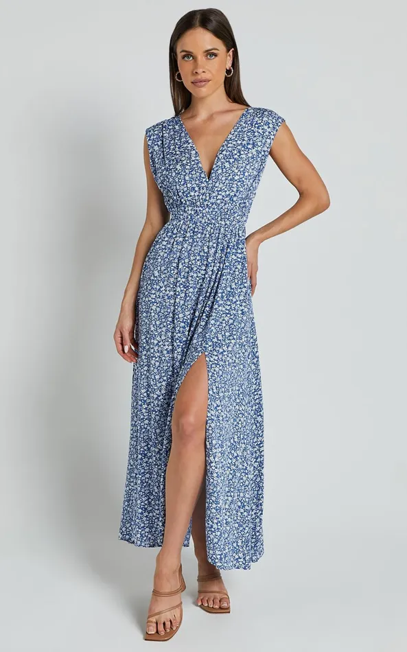 Showpo Valeri Midi Dress 8211 Plunge Neck Sleeveless Tie Waist Dress In Blue Floral Women Dresses Showpo Valeri Midi Dress 8211 Plunge Neck Sleeveless Tie Waist Dress In Blue Floral Women Dresses