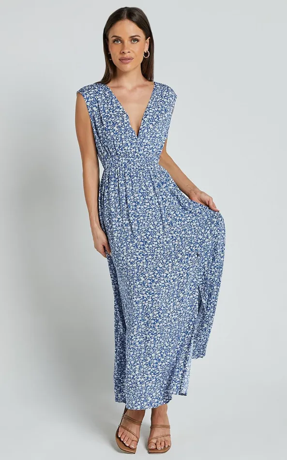 Showpo Valeri Midi Dress 8211 Plunge Neck Sleeveless Tie Waist Dress In Blue Floral Women Dresses