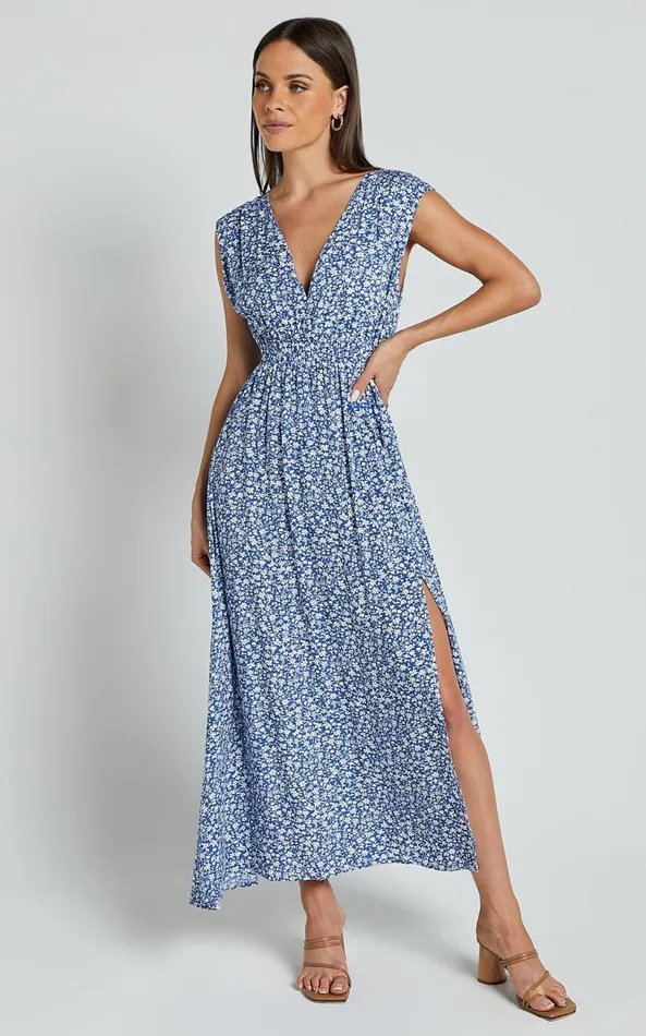 Showpo Valeri Midi Dress 8211 Plunge Neck Sleeveless Tie Waist Dress In Blue Floral Women Dresses