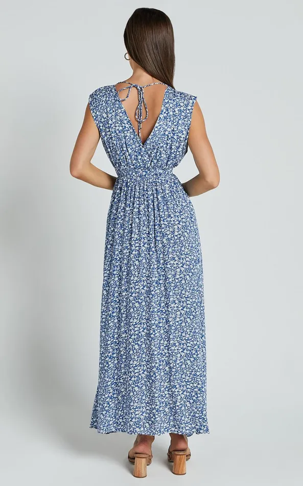 Showpo Valeri Midi Dress 8211 Plunge Neck Sleeveless Tie Waist Dress In Blue Floral Women Dresses