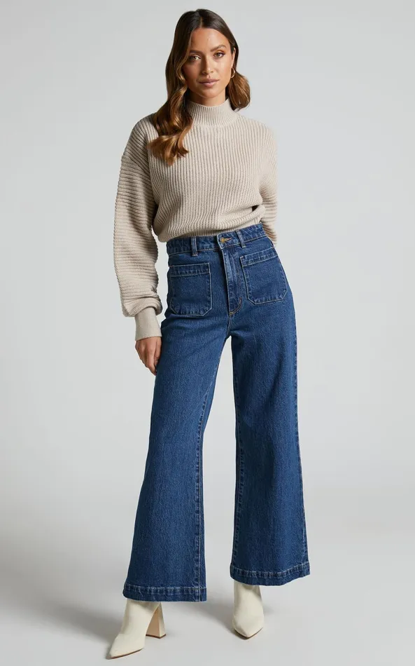 Showpo Valerie Jumper 8211 High Neck Balloon Sleeve Knit Jumper In Beige Women Curve Clothes