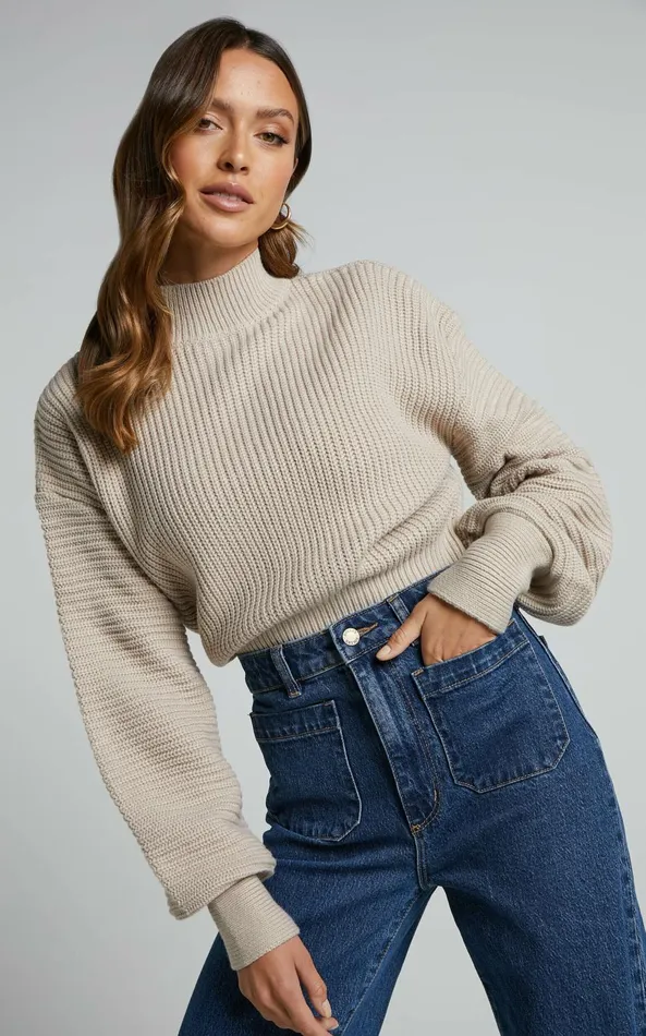 Showpo Valerie Jumper 8211 High Neck Balloon Sleeve Knit Jumper In Beige Women Curve Clothes
