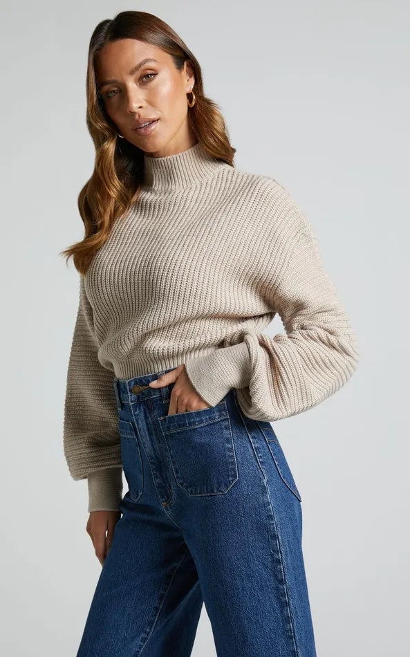Showpo Valerie Jumper 8211 High Neck Balloon Sleeve Knit Jumper In Beige Women Curve Clothes