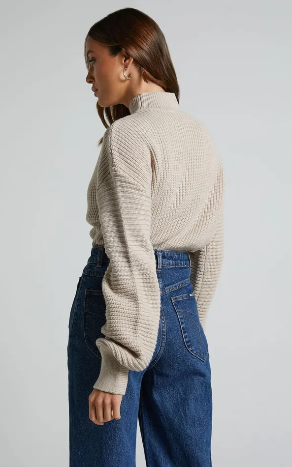 Showpo Valerie Jumper 8211 High Neck Balloon Sleeve Knit Jumper In Beige Women Curve Clothes
