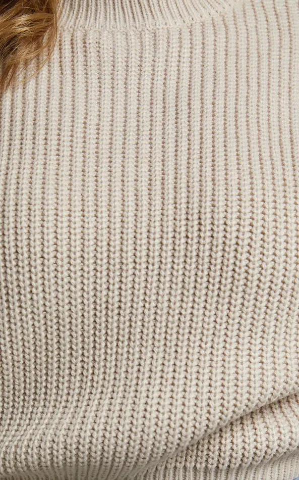 Showpo Valerie Jumper 8211 High Neck Balloon Sleeve Knit Jumper In Beige Women Curve Clothes
