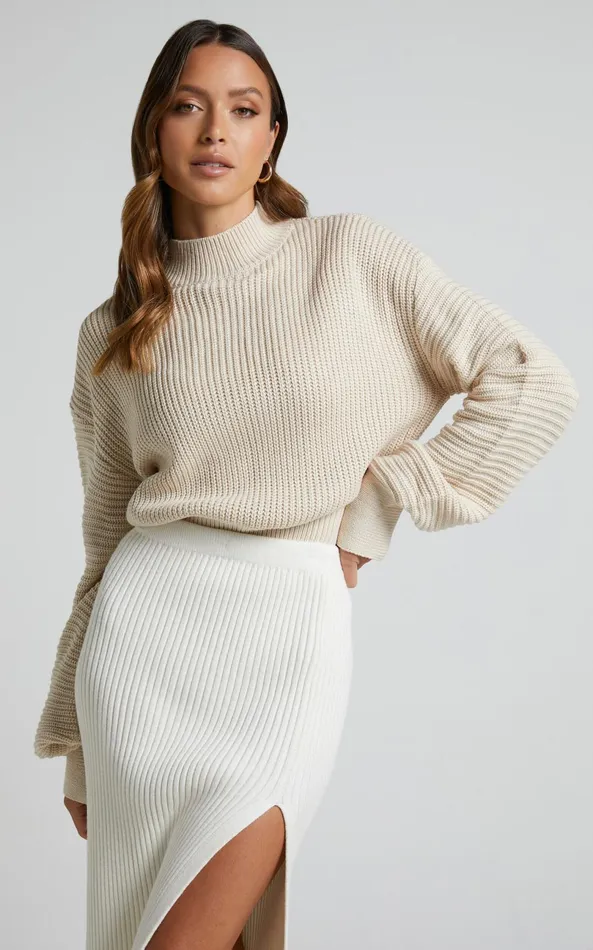 Showpo Valerie Jumper 8211 High Neck Balloon Sleeve Knit Jumper In Cream Women Curve Clothes Showpo Valerie Jumper 8211 High Neck Balloon Sleeve Knit Jumper In Cream Women Curve Clothes
