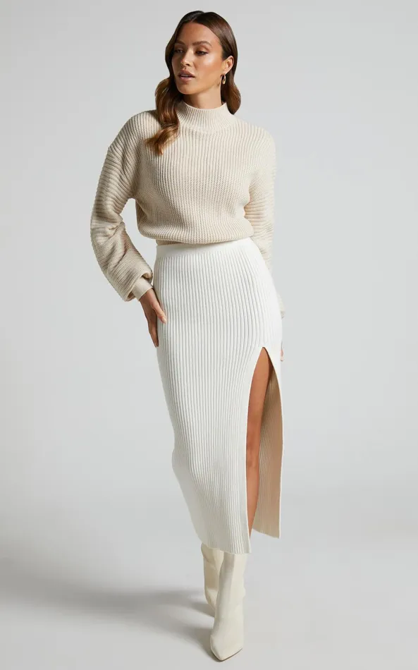 Showpo Valerie Jumper 8211 High Neck Balloon Sleeve Knit Jumper In Cream Women Curve Clothes