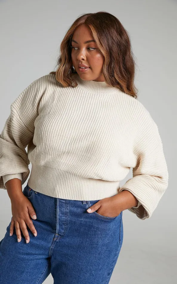 Showpo Valerie Jumper 8211 High Neck Balloon Sleeve Knit Jumper In Cream Women Curve Clothes