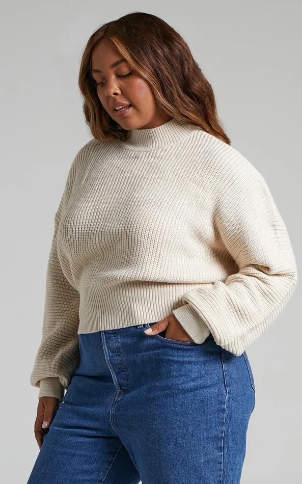 Showpo Valerie Jumper 8211 High Neck Balloon Sleeve Knit Jumper In Cream Women Curve Clothes