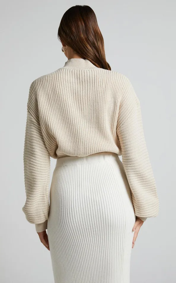 Showpo Valerie Jumper 8211 High Neck Balloon Sleeve Knit Jumper In Cream Women Curve Clothes